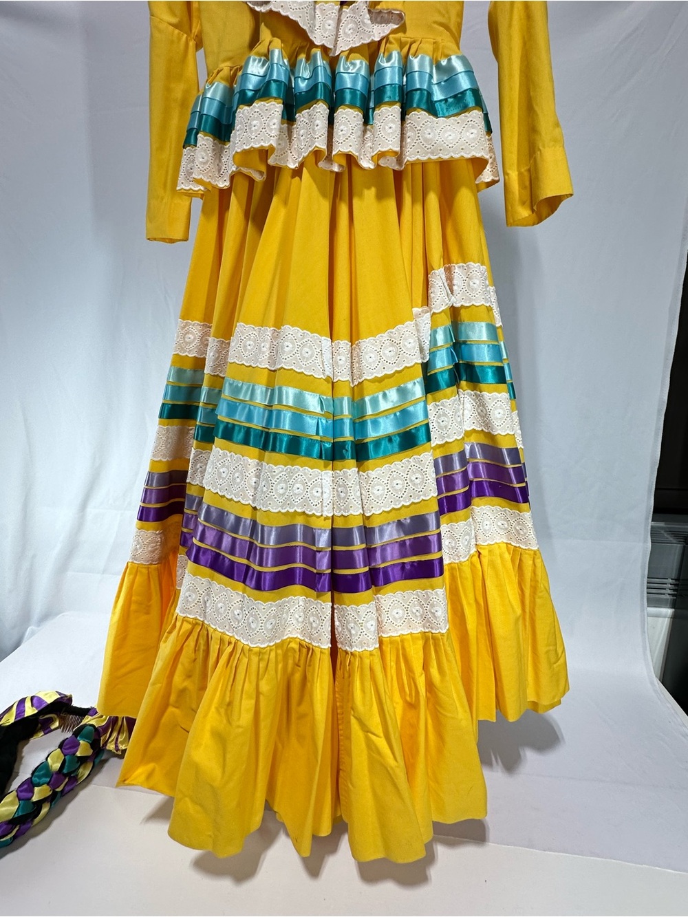 #201 Yellow Jalisco Folkloric Dance Dress Double Circle Skirt - Picture 4 of 8